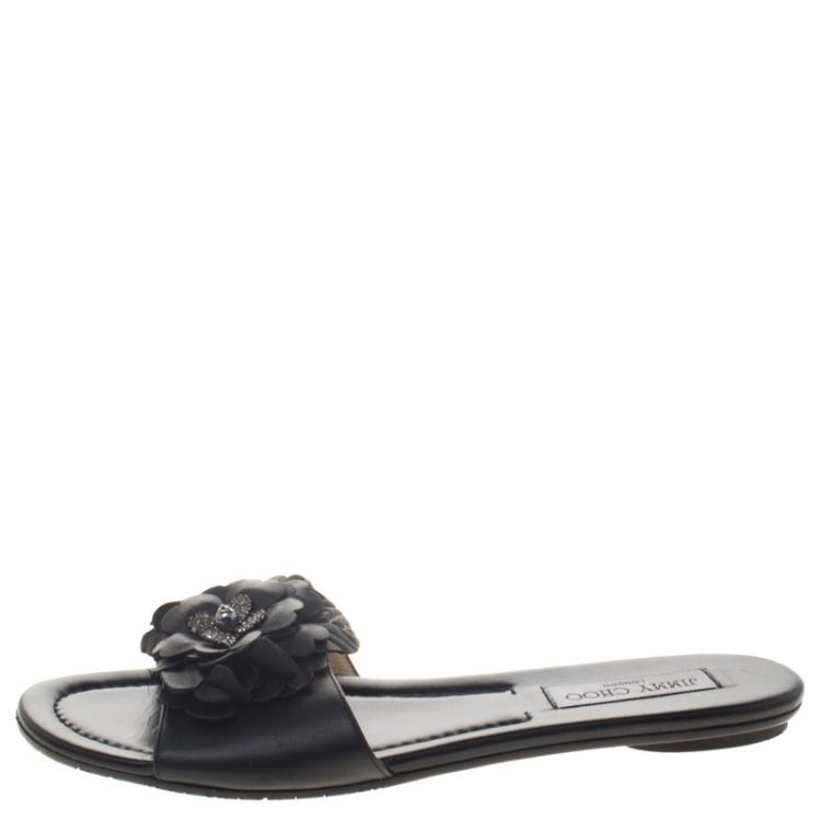 Pre Owned Jimmy Choo Black Leather Neave Floral Appliqué Slides Size 40