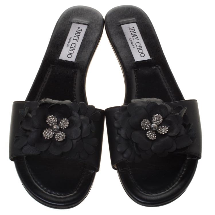 Pre Owned Jimmy Choo Black Leather Neave Floral Appliqué Slides Size 40