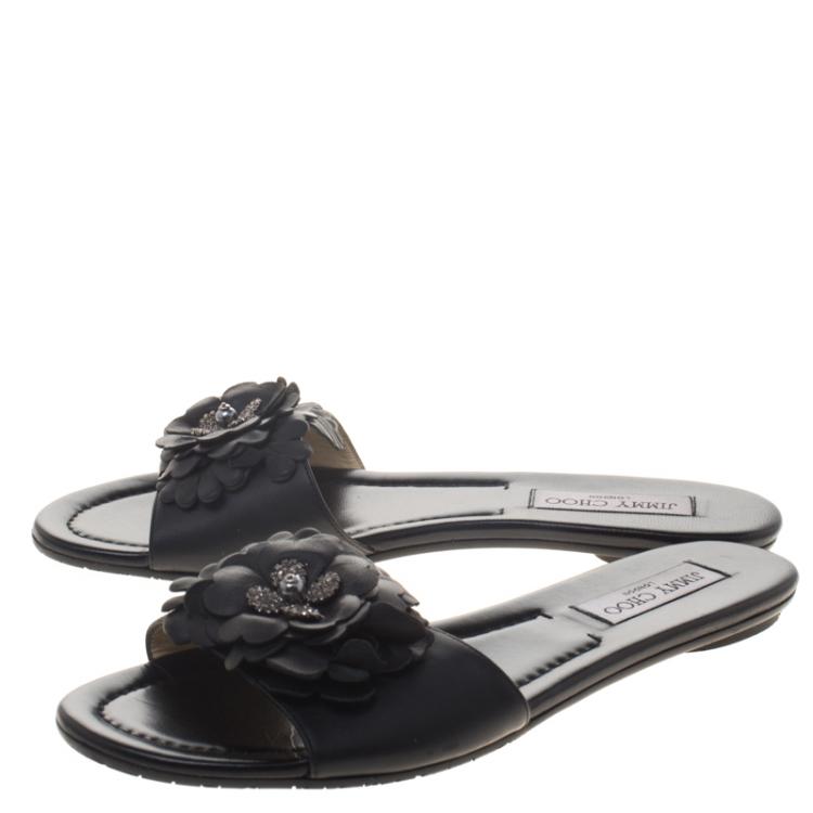 Pre Owned Jimmy Choo Black Leather Neave Floral Appliqué Slides Size 40