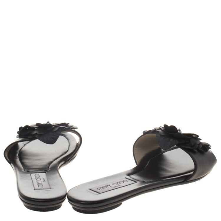 Pre Owned Jimmy Choo Black Leather Neave Floral Appliqué Slides Size 40