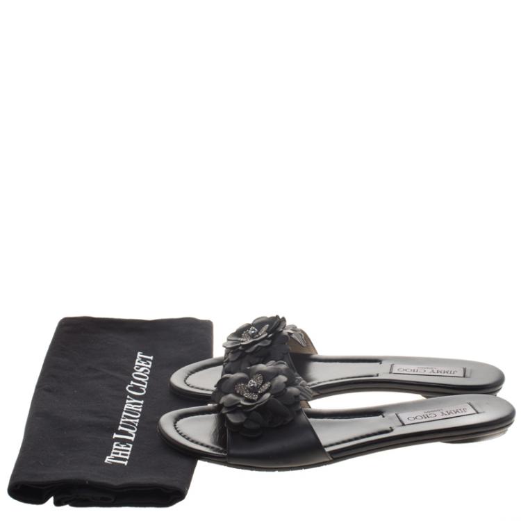 Pre Owned Jimmy Choo Black Leather Neave Floral Appliqué Slides Size 40