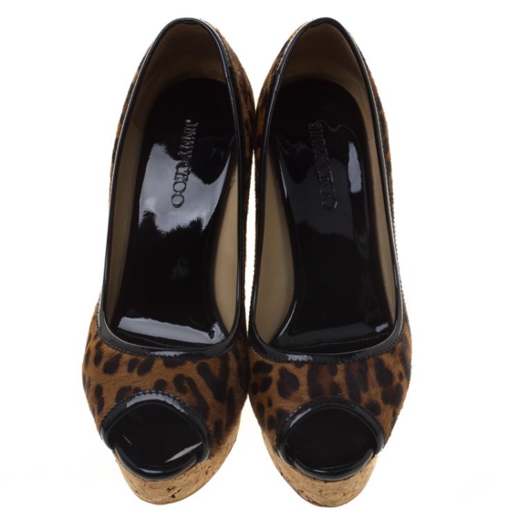 Pre Owned Jimmy Choo Leopard Print Pony Hair Papina Peep Toe Cork Wedge Pumps Size 35