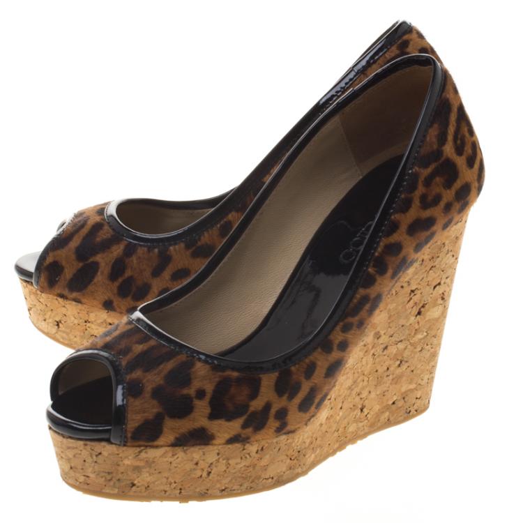 Pre Owned Jimmy Choo Leopard Print Pony Hair Papina Peep Toe Cork Wedge Pumps Size 35