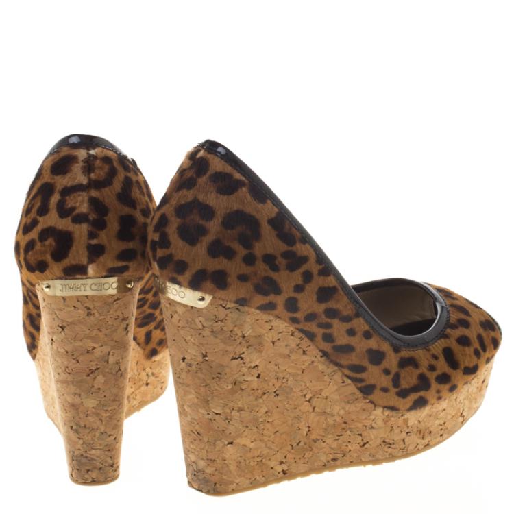 Pre Owned Jimmy Choo Leopard Print Pony Hair Papina Peep Toe Cork Wedge Pumps Size 35