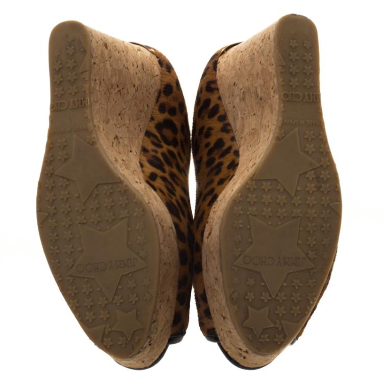 Pre Owned Jimmy Choo Leopard Print Pony Hair Papina Peep Toe Cork Wedge Pumps Size 35