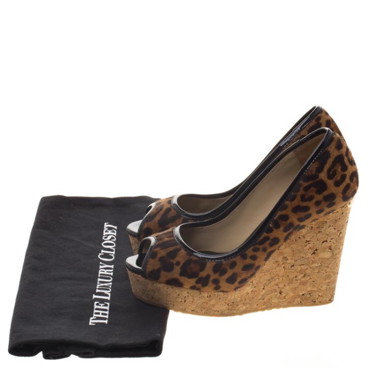 Pre Owned Jimmy Choo Leopard Print Pony Hair Papina Peep Toe Cork Wedge Pumps Size 35