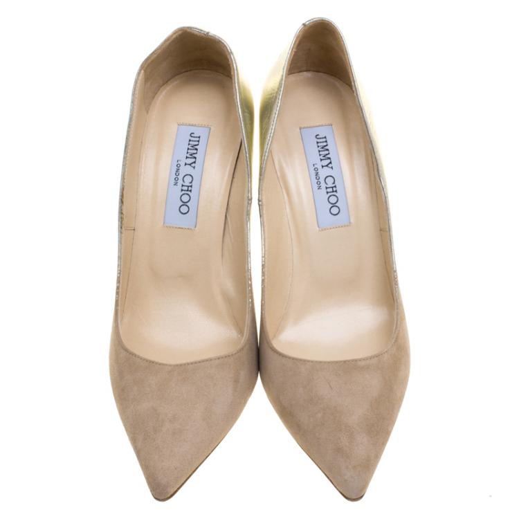 Pre Owned Jimmy Choo Beige Suede and Gold Dégradé Abel Pointed Toe Pumps Size 37