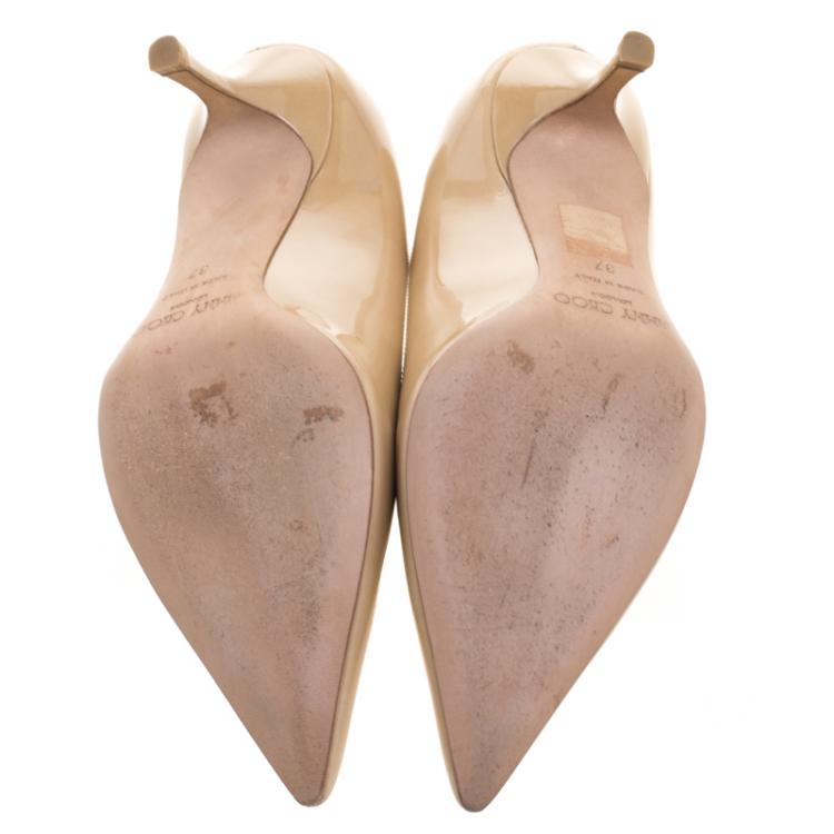 Pre Owned Jimmy Choo Beige Patent Leather Aurora Pointed Toe Pumps Size 37