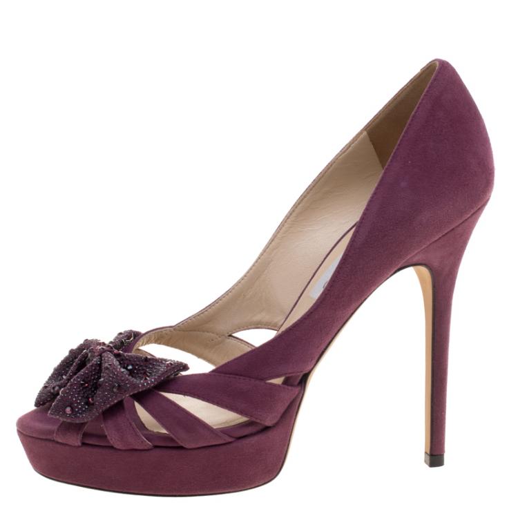Pre Owned Jimmy Choo Purple Shimmer Suede Taja Crystal Embellished Bow Peep Toe Pumps Size 38