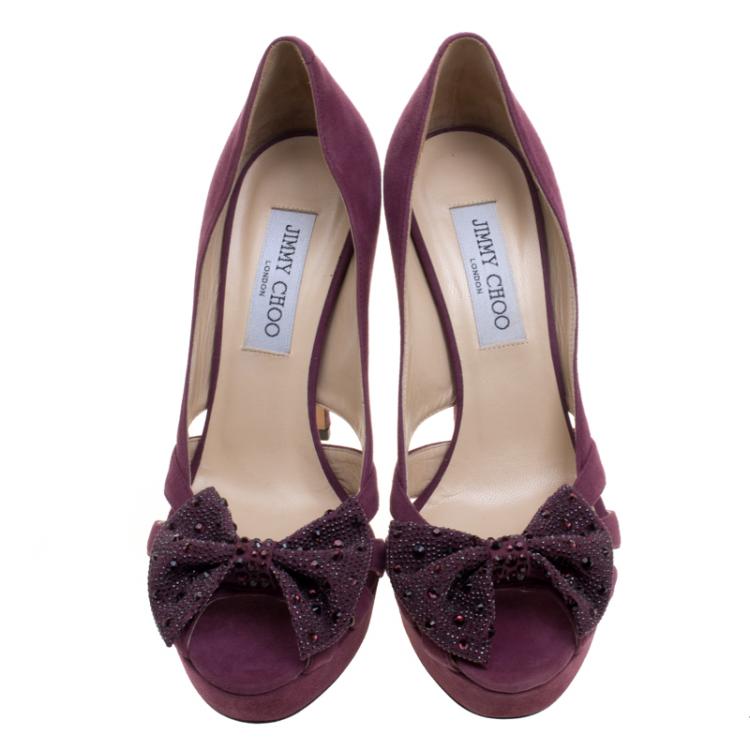 Pre Owned Jimmy Choo Purple Shimmer Suede Taja Crystal Embellished Bow Peep Toe Pumps Size 38