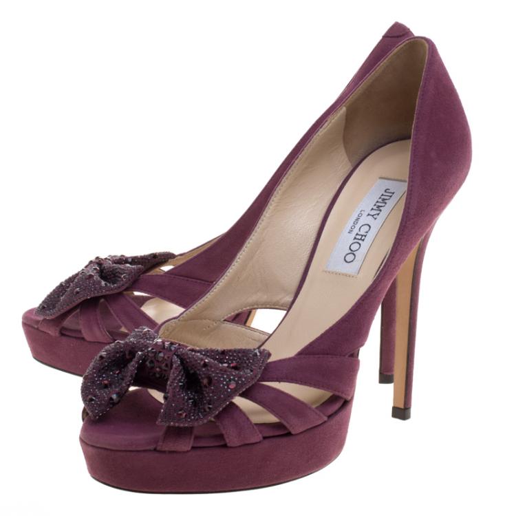 Pre Owned Jimmy Choo Purple Shimmer Suede Taja Crystal Embellished Bow Peep Toe Pumps Size 38