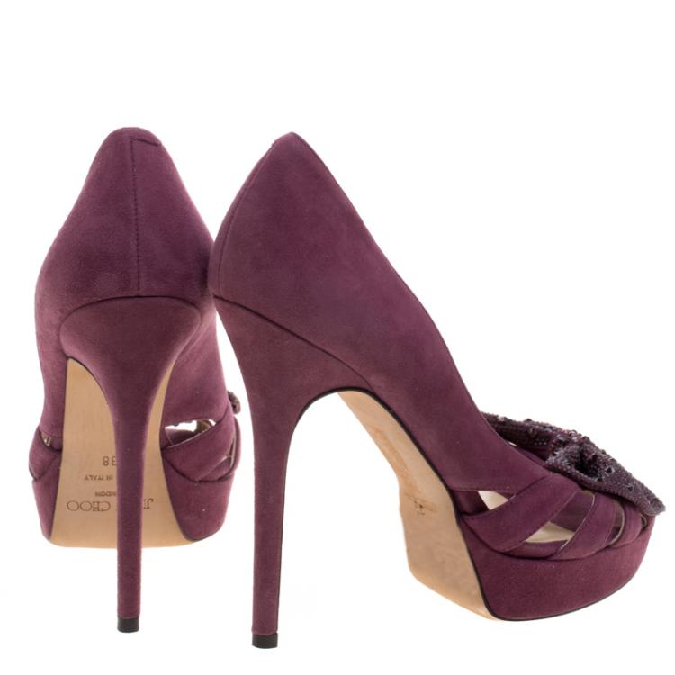 Pre Owned Jimmy Choo Purple Shimmer Suede Taja Crystal Embellished Bow Peep Toe Pumps Size 38