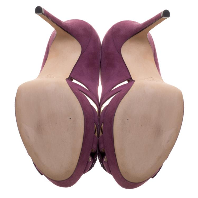 Pre Owned Jimmy Choo Purple Shimmer Suede Taja Crystal Embellished Bow Peep Toe Pumps Size 38