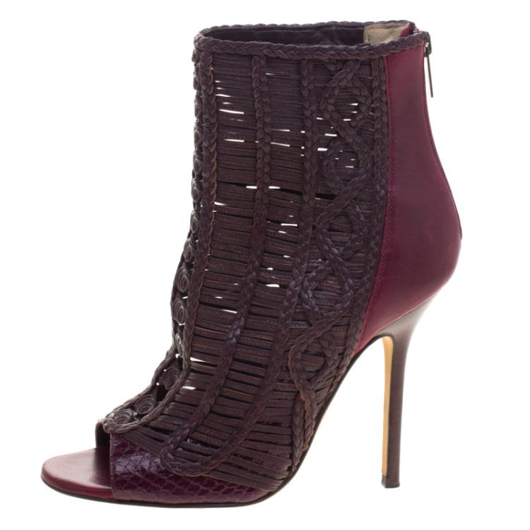 Pre Owned Jimmy Choo Bordeaux Braided Leather Java Peep Toe Ankle Boots Size 37.5