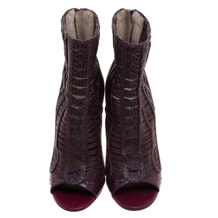 Pre Owned Jimmy Choo Bordeaux Braided Leather Java Peep Toe Ankle Boots Size 37.5