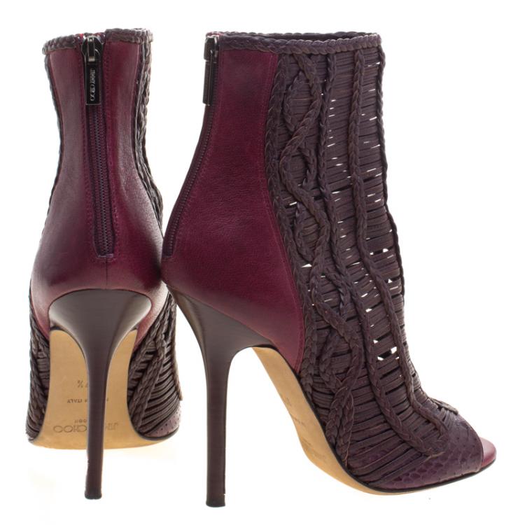 Pre Owned Jimmy Choo Bordeaux Braided Leather Java Peep Toe Ankle Boots Size 37.5
