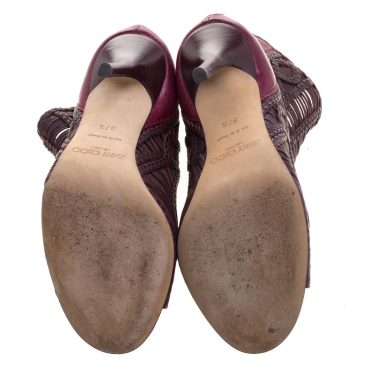 Pre Owned Jimmy Choo Bordeaux Braided Leather Java Peep Toe Ankle Boots Size 37.5