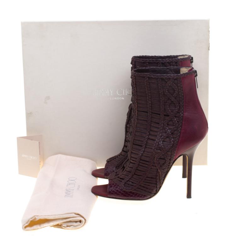 Pre Owned Jimmy Choo Bordeaux Braided Leather Java Peep Toe Ankle Boots Size 37.5