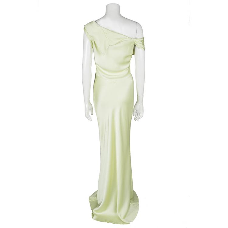 Pre Owned John Galliano Lemon Yellow Satin Asymmetric Shoulder Detail Maxi Dress M