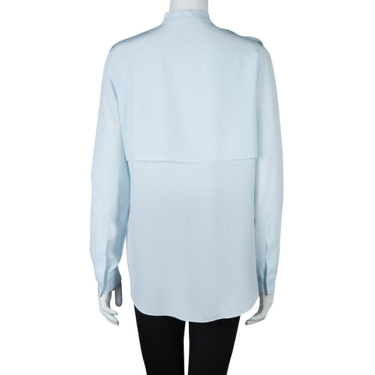 Pre Owned Joseph Powder Blue Mandarin Collar Long Sleeve Silk Blouse M