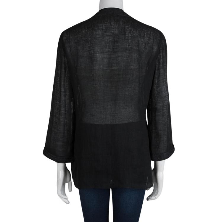 Pre Owned Joseph Black Linen Mandarin Collar Long Sleeve Blouse M