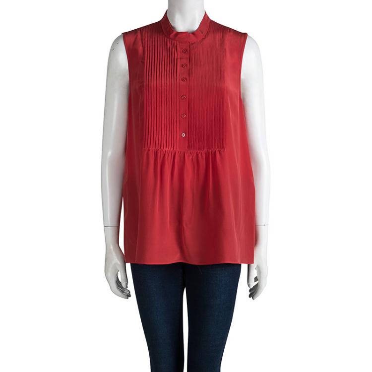 Pre Owned Joseph Red Silk Pintucked Sleeveless Blouse M