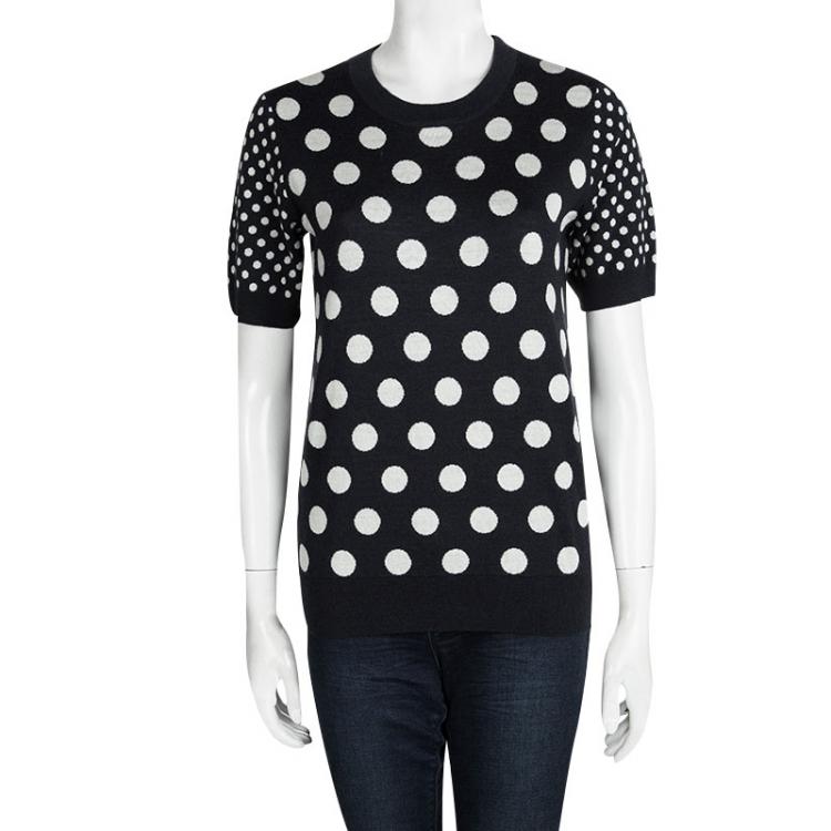 Pre Owned Joseph Navy Blue Wool Polka Dotted Short Sleeve Sweater XL