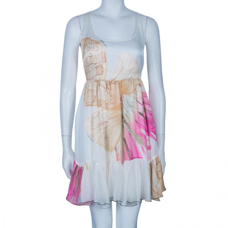 Pre Owned Just Cavalli Ivory Watercolor Print Silk Sleeveless Dress L