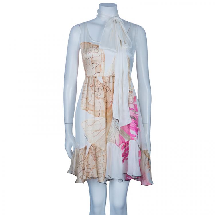 Pre Owned Just Cavalli Ivory Watercolor Print Silk Sleeveless Dress L