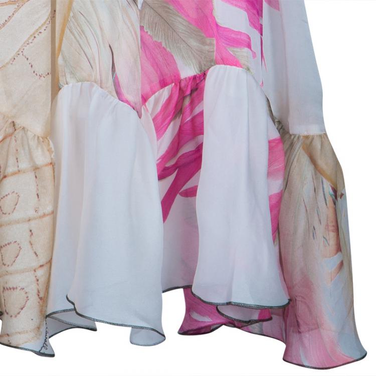 Pre Owned Just Cavalli Ivory Watercolor Print Silk Sleeveless Dress L