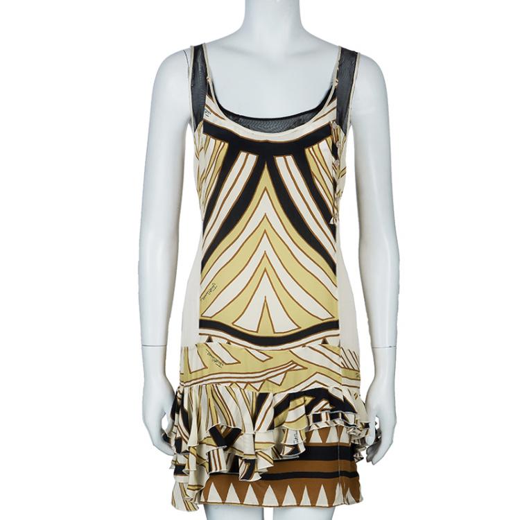 Pre Owned Just Cavalli Cream & Black Abstract Print Silk Sleeveless Dress L