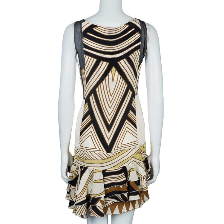 Pre Owned Just Cavalli Cream & Black Abstract Print Silk Sleeveless Dress L