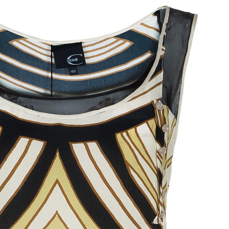 Pre Owned Just Cavalli Cream & Black Abstract Print Silk Sleeveless Dress L