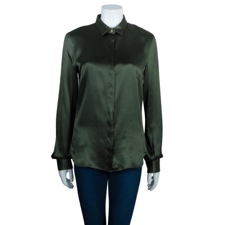 Pre Owned Just Cavalli Green Silk Long Sleeve Top M