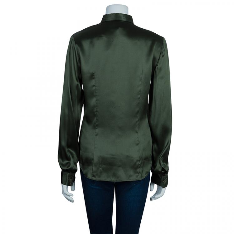 Pre Owned Just Cavalli Green Silk Long Sleeve Top M