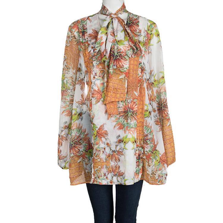Pre Owned Just Cavalli Multicolor Floral Printed Long Sleeve Neck Tie Detail Blouse L