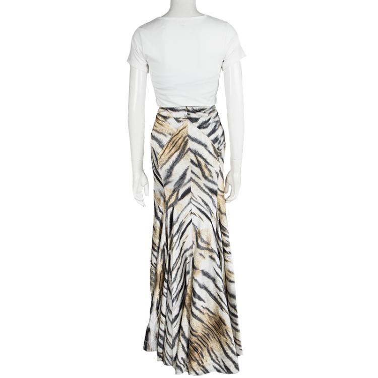 Pre Owned Just Cavalli Tiger Printed Satin Flared Godet Maxi Skirt L