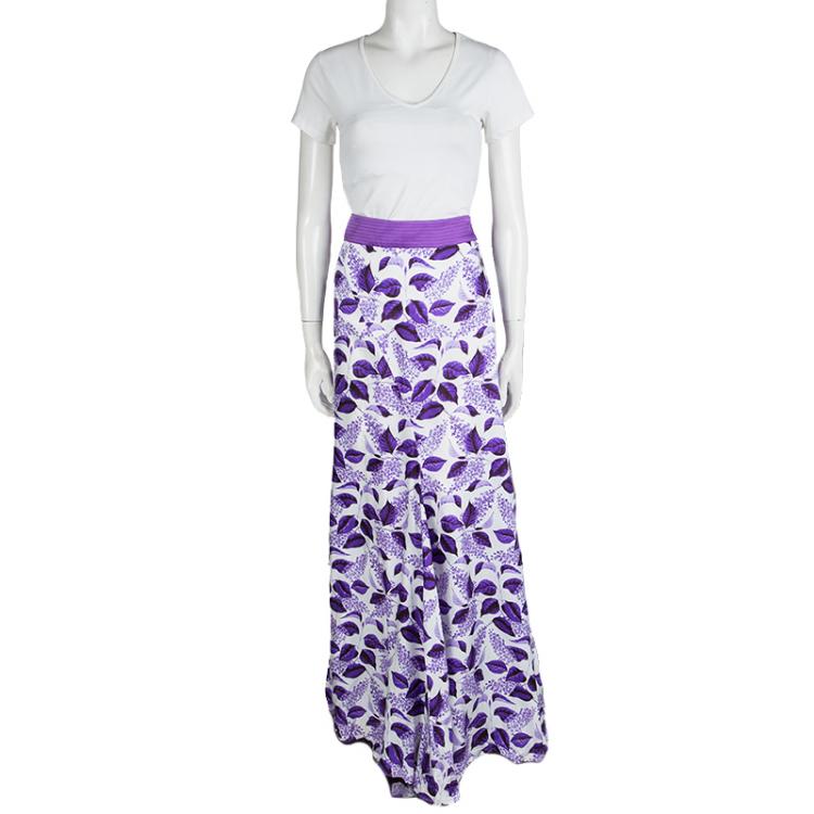 Pre Owned Just Cavalli Purple Leaf Printed Maxi Skirt L