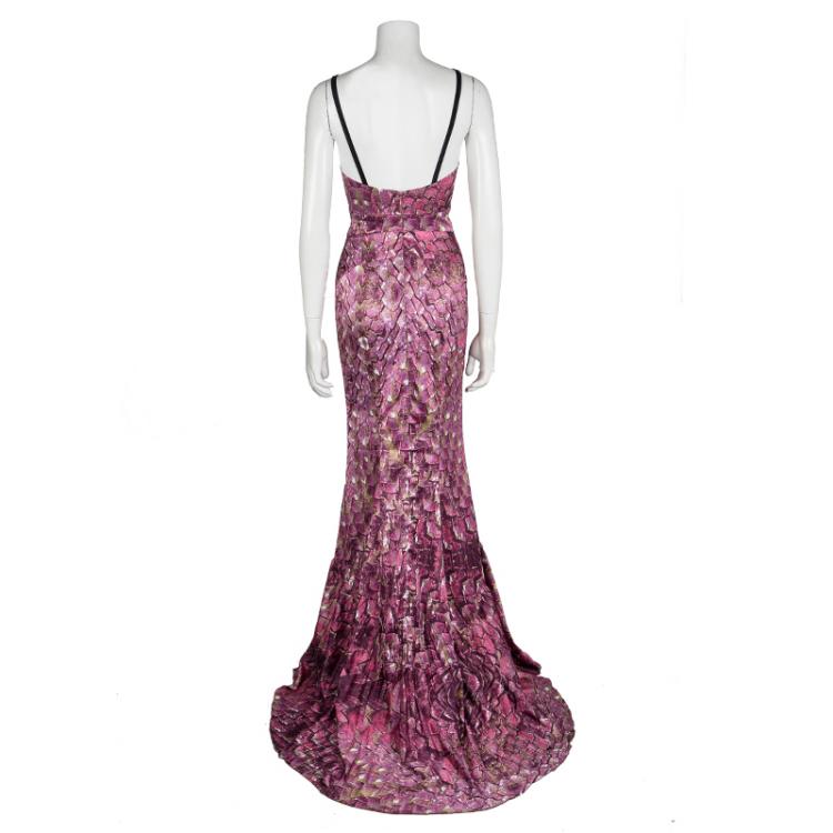 Pre Owned Just Cavalli Pink Printed Satin Flared Bottom Bustier Gown S