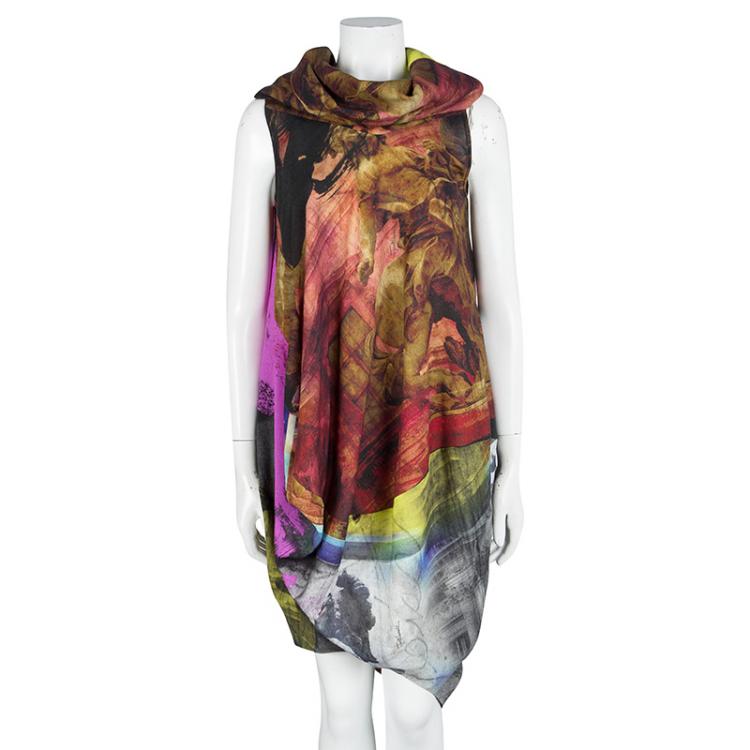 Pre Owned Just Cavalli Multicolour Printed Wool Off Shoulder Sleeveless Draped Dress M