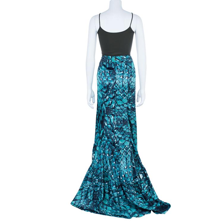 Pre Owned Just Cavalli Turquoise Print Flare Maxi Skirt M
