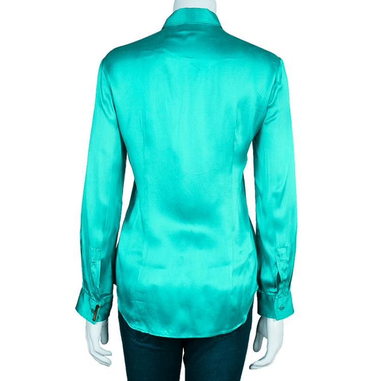 Pre Owned Just Cavalli Green Silk Long Sleeve Top L