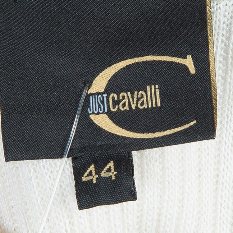 Pre Owned Just Cavalli White Knit Bow Detail Short Sleeve Top M