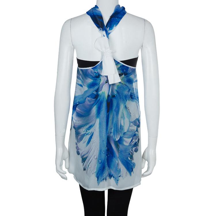 مملوكة مسبقًا Just Cavalli Blue Printed Sheer Silk Bow Detail Sleeveless Top M