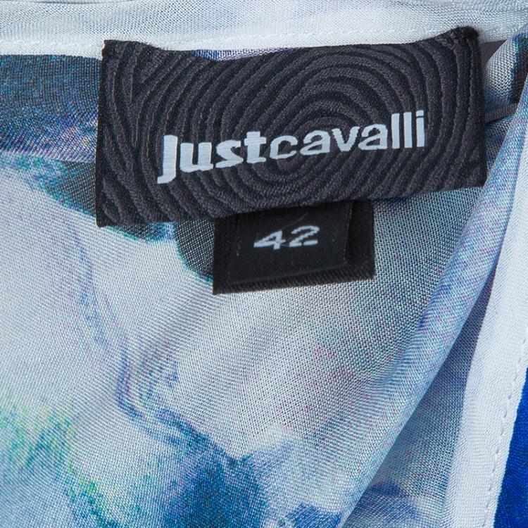 مملوكة مسبقًا Just Cavalli Blue Printed Sheer Silk Bow Detail Sleeveless Top M
