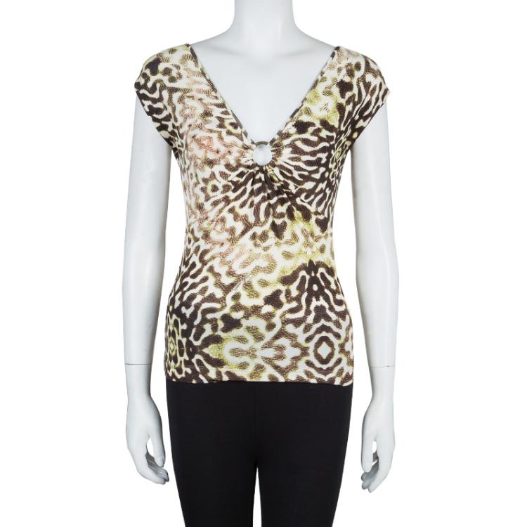 Pre Owned Just Cavalli Animal Print Ruched Neck Fitted Knit Top S