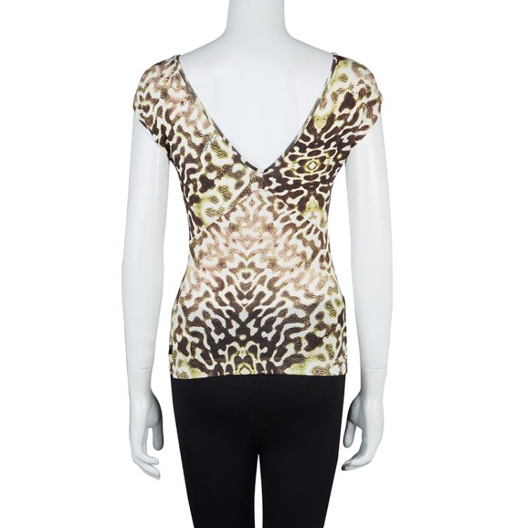 Pre Owned Just Cavalli Animal Print Ruched Neck Fitted Knit Top S