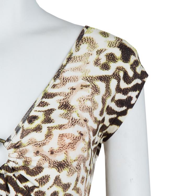 Pre Owned Just Cavalli Animal Print Ruched Neck Fitted Knit Top S