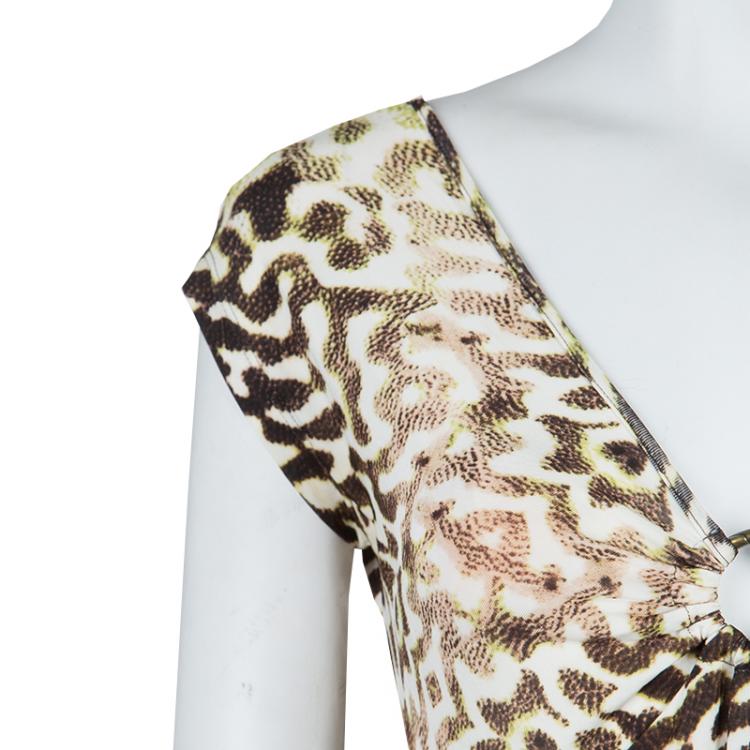 Pre Owned Just Cavalli Animal Print Ruched Neck Fitted Knit Top S