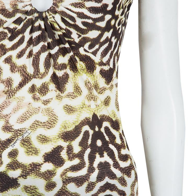 Pre Owned Just Cavalli Animal Print Ruched Neck Fitted Knit Top S